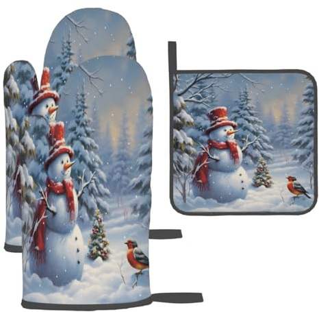 Mexpekil Gants de cuisine résistants à la chaleur et maniques avec boucle de suspension pour cuisine, barbecue, arbre de Noël, bonhomme de neige, oiseau rouge