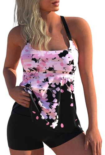 Modlily Two Piece Tankini Swimsuits for Women, Modest Coverage Print Bathing Suits, A-line Tank Top with Boyshorts Pink