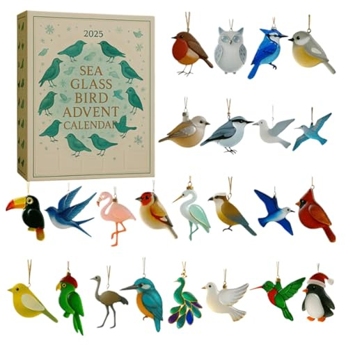 Seeglas Vogel Adventskalender 2025 | 24 Tage Vögel Ornamente Weihnacht Countdown Kalender 2025 | 2D flache Seeglas Vögel Anhänger Weihnachtskalender | Küstenvogel Geschenk Weihnachtsbaumschmuck