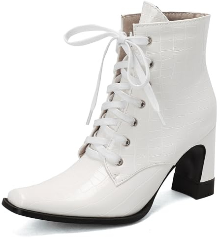 LarDorLin Puntiagudo Tacón Ancho Botas Mujer Slouch Chelsea Invierno Oficina Formal Cordones Military Elegante Botín Boda Blanco Talla 36 EU