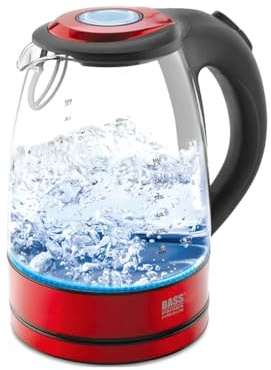 Bass Polska glas-vattenkokare 1,7 l med LED-belysning, BPA-fri, 1 500 W, antikalkfilter, 360° bas, härdat glas, röd