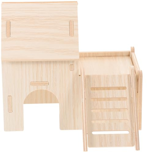 HOMSFOU Maison en Bois Massif pour Hamster et Cochon d'Inde, Cachette Double Étage, Refuge Naturel pour Petits Rongeurs, Nid Sécurisé et Confortable pour Cage, Accessoires Habitat Petits