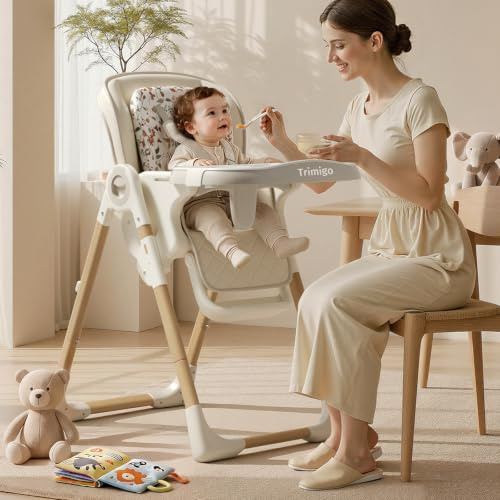 Trimigo Chaise Haute Bébé Évolutive 0-3 Ans, Pliable, 7 Positions Hauteur, 3 Réglages Plateau, Dossier Inclinable 4 Positions, Plateau double couche amovible, Assise en Similicuir (Blanc crème)
