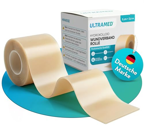 UltraMed - Hydrokolloid Wundverband Rolle 5 cm x 3,6 m – Zuschneidbares Blasenpflaster & Wundpflaster, selbstklebend, wasserabweisend & atmungsaktiv – Hydrokolloid Roll