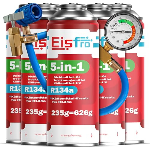Eisfro 5 en 1 – 5 x refrigerante sustituto R134a + Tubo de 235 g por Caja para Aire Acondicionado de Coche con Aceite, sellador de Fugas, trazador UV y deshidratante – Protege el compresor