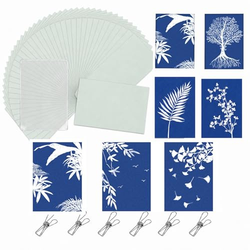 Kit cianotipo con 32 fogli di carta cianotipo A4, 1 pannello acrilico e 4 clip, carta artistica ad alta sensibilità solare, carta da stampa naturale, per stampa solare attivata dal sole, arti per