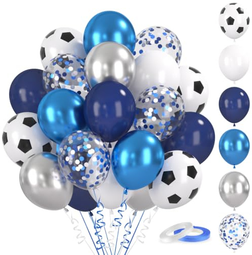 50 stycken blå silver fotbollsballonger, 12 tum blå vit silver latexballonger, metallisk ballong, konfetti ballong, för födelsedag, fotboll, festdekoration