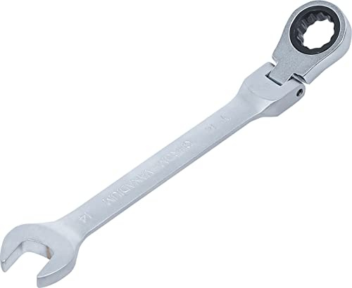 BGS 6714 | Llave combinada con carraca | ajustable 90° | 14 mm | Articulación regulable de 180°, 72 dientes, doce cantos, acero al cromo vanadio, cromado mate, posición de la punta de 15°