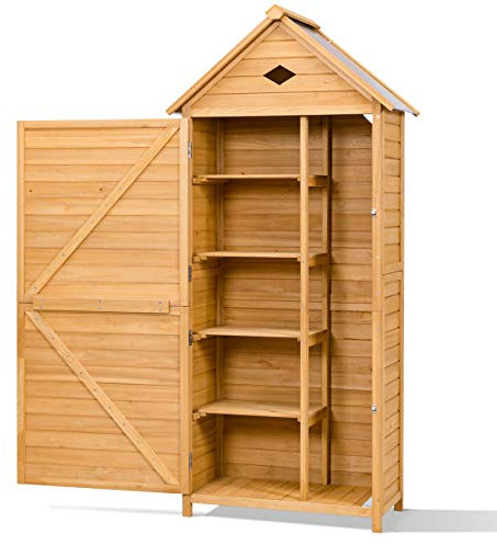 GOPLUS Caseta Jardin Exterior de Madera de Abeto, Cobertizo para Herramientas con Techo Impermeable, 4 Estantes Extraíbles y 2 Puertas con Cerradura, Armario Exterior para Balcón Terraza, 80x35x177cm