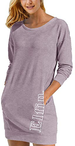 ELFIN Sweatklänning för kvinnor, långärmade klänningar, sweatshirt, klänning, ledig, sportig, långtröja, toppar, miniklänning med logotyptryck, höst, lila, L