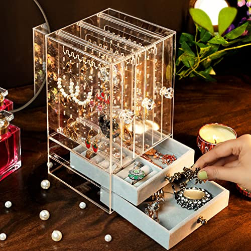 BELLE VOUS Ohrringe Aufbewahrung Jewelry Organizer - L12,8 x B13 x H24,5 cm - Staubdichtes Schmuckkästchen Acryl mit Ohrring Aufbewahrung & Samt Schubladen - Ohrringe, Armbänder & Ketten Halterung