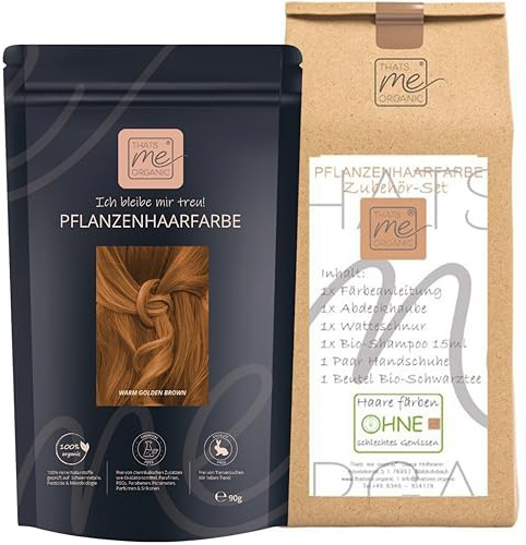 Thats me Organic® Profi Pflanzenhaarfarbe + Zubehörset (warm golden brown) – Bio Haarfarbe ohne Chemie – Haarfarbe für gesundes Haarefärben auch während Schwangerschaft und Stillzeit