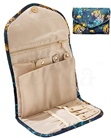 Periea ‘Cleo’ Travel Jewellery Organiser Roll Foldable Jewelry Case for Journey - Rings, Necklaces, Bracelets, Earrings (Tiger Toucan, Medium)