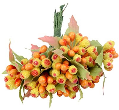 Cozylkx 12 Teile/los Künstliche Beeren Mit Grünen Blättern Bereifte Weihnachten Gefälschte Beeren Stängel Für Blumengesteck DIY Kranz Wohnkultur,Orange Gelb