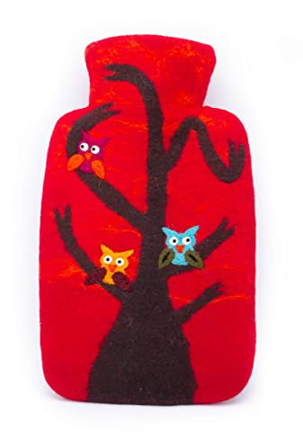 feelz - Wärmflasche Eule, süße Bettflasche mit 3 kleinen Käuzchen aus 100% Wolle (Merino), rot oder blau, Handarbeit, Fairtrade (Rot - Bezug ohne Flasche)