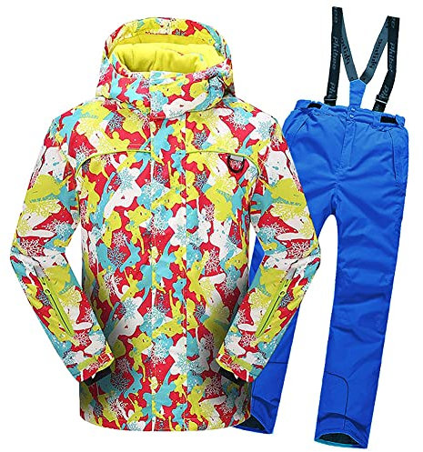 SXSHUN Schneeanzug mit Kapuze für Jungen und Mädchen Skianzug mit Plüschfutter 2 Teilig Skijacke + Skihose Wasserdicht Atmungsaktiv Winterset, 110