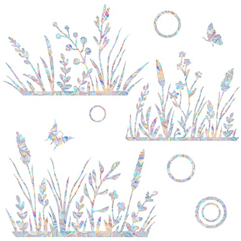 Flower and Grass Window Decals for Bird Strike Prevention - Reusable Rainbow Suncatcher Clings to Save Birds, Non-Adhesive Anti-Collision Stickers, Easy Remove No Residue