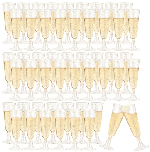 AKOLAFE Juego de 50 copas de champán de 150 ml, de plástico, sin BPA, reutilizables, transparentes, apilables, para bodas, cumpleaños, fiestas, copas de vino (rosa dorado)