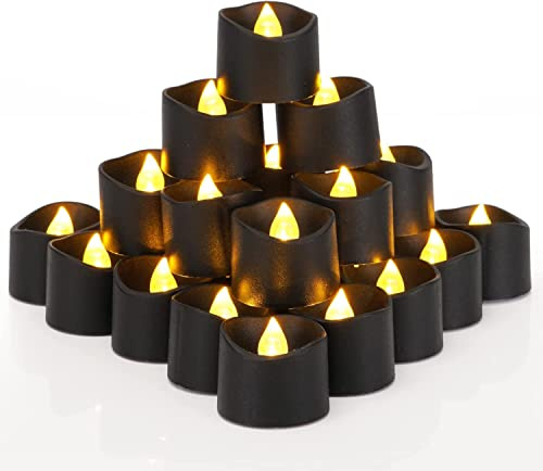 Homemory 24-Pack schwarze Teelichter Kerzen batteriebetrieben, Halloween Kerze Teelichter, flammenlose flackernde schwarze Kerzen, ideal für Urlaub Dekoration, Dia 3.5 x H 3.1CM | LED Electric Teelicht, 200+ Std,Totenkopf-Kerzenständer, Halloween, Herbstdekoration,Kürbis-Kerzenhalter,Battey enthalte