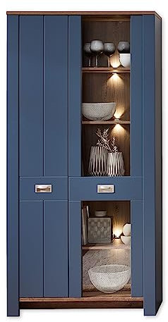 DIJON Vitrine in Parisian Blue, Haveleiche Cognac Optik - Moderner Vitrinenschrank mit LED-Beleuchtung und viel Stauraum - 98 x 201 x 38 cm (B/H/T)