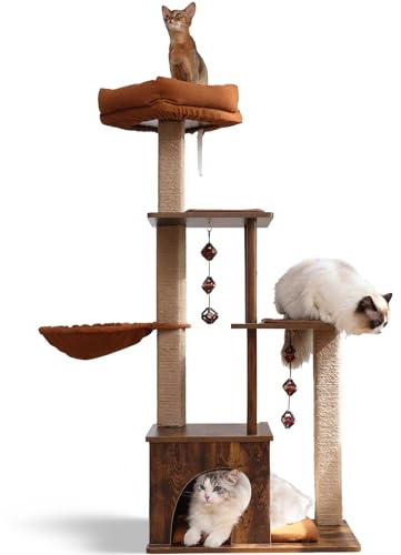 FUKUMARU Árbol Rascador para Gatos, 4 en 1, Grande (135 cm Altura), con Poste de Yute y Hamaca, Árbol con Juguete de Silvervine, Casa para Dormir, Jugar y Trepar, Estilo Retro, Talla Grande