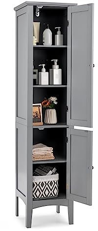 LIFEZEAL Colonna Bagno Salvaspazio con 2 Ante, Mobiletto Multiuso, Dispensa Cucina Mobile Alto e Stretto, 37x37x160cm, Armadio Angolare a 5 Rapiani con Dispositivo Anti-Ribaltamento (grigio)