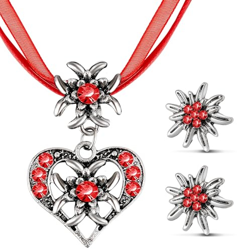 Patelai Set di 3 Gioielli Bavaresi Tradizionali Collana Tedesca con Ciondolo a Forma di Stella Alpina con Strass e Orecchini a Bottone di Stella Alpina per Donna Pantaloni in Pelle Dirndl (Rosso)