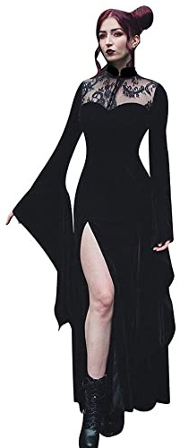 Lace Long Flare Sleeve High Neck Halloween Gothic Witch Cosplay Maxi Dress | Sexy Split Dress