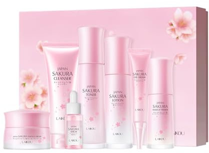 LAIKOU Set per la Cura Della Pelle Sakura, 7pcs Set Regalo per la Cura Della Pelle, Detergente Viso, Tonico Idratante, Lozione, Crema per Gli Occhi, Siero, Crema, Primer Trucco
