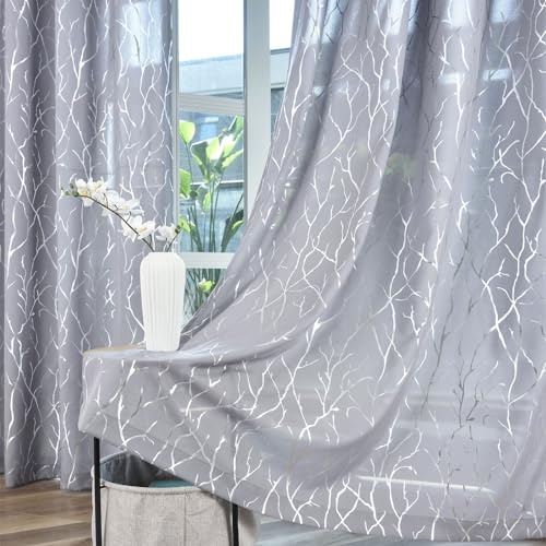 Kotile Silver Curtains 84 Inches Long for Living Room, Metallic Shimmer Tree Branch Window Treatment, Grommet Privacy Semi Sheer, 52 x 84 Inch, 2 Panels