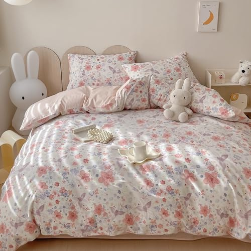 Yaofeiou Kinder Bettwäsche 100x135cm Baumwolle Bettwäsche Rosa Blumenmuster Bettbezug Mädchen Blumen Bettbezug Weiß Rosa Wendebettwäsche mit Reißverschluss und 1 Kissenbezug 40x60
