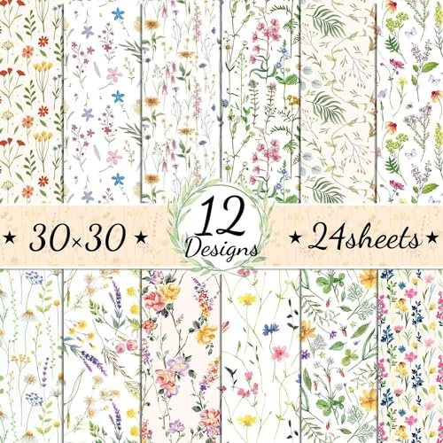 ZAKHSE Motivpapier 30x30cm, 24 Blatt Blumenmuster Designpapier Doppelseitig Bedruckt Scrapbook Papier Bastelpapier Bunt, 12 Designs, Farbige Design Papier für DIY Scrapbooking Kartengestaltung