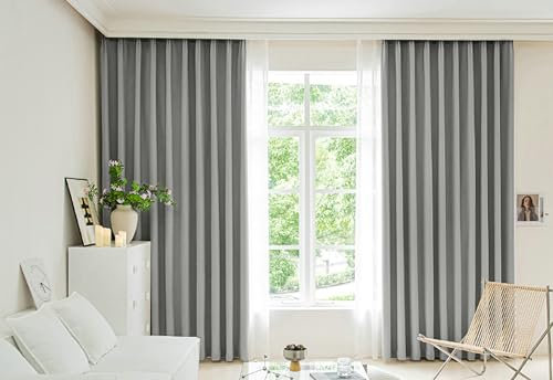 Epinki Vorhang Fenster Wohnzimmer Grau 2er Set, Einfarbig Vorhänge mit Motiv, Ösen Vorhang Blickdicht Lang Polyester Gardinen Schals für Wohnzimmer Schlafzimmer, Jeder B 132 x H 138cm