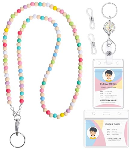 Lanyards for ID Badges Teacher Gifts Wooden Beaded Lanyard Retractable Reel