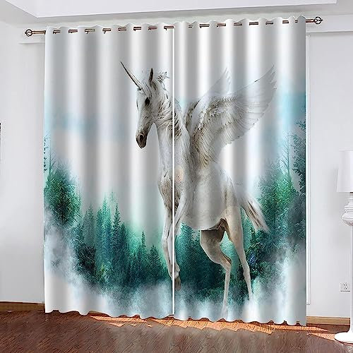 Schattierung Vorhänge 2Er Set 3D Fantasy-Einhorn Druck Isolierung Schalldichte Kinder Gardinen Blickdicht Mit Ösen Vorhang Fenster Für Wohnzimmer Schlafzimmer Balkon -2V6B9K3K4B5