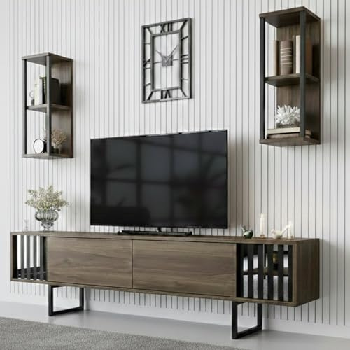 Dmora - Meuble TV Ananke, Buffet de Salon, Armoire Basse pour TV, Base Murale de Rangement, 180x30h48 cm, Noyer et Noir