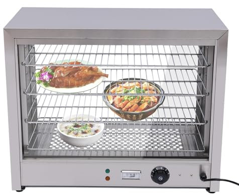 DJOAIUYF Warmhaltevitrine mit Beleuchtung 4 Etagen Warmhaltevitrine Speisenwärmer Edelstahl Heizschrank 800W 30-85 °C Für Kantinen Bäckereien Cafés Schnellrestaurant
