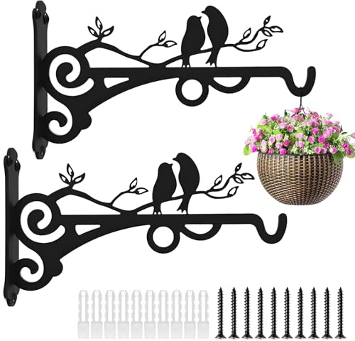 AUSYIWI 2 Packs Hanging Basket Brackets Wall Hanging Hooks 8 Inch Iron Plant Hanger Wall Hooks for Garden Plants/Lantern/Light/Bird （Black）