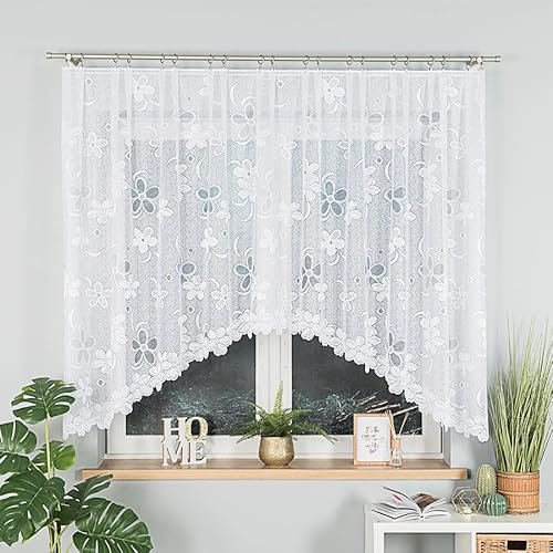 Gardinen Vorhangen Weiß 350x110 cm (BxH) Atorno Blumenmotiv Stores Gardinen mit Kräuselband Kurz Jacquard Scheibengardine Wohnzimmer Vorhänge Fertiggardine Küchengardinen Bogen Kurzstores