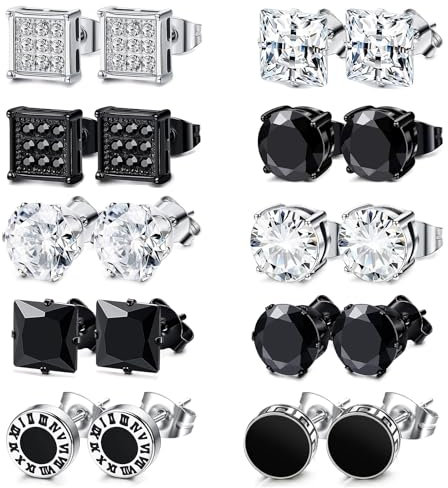 Ohrringe Herren Edelstahl, 10 Paar Ohrstecker Herren Silber Schwarz Cubic Zirkonia Ohrringes Männer Edelstahl Ohrstecker Set 8mm (Silber B)
