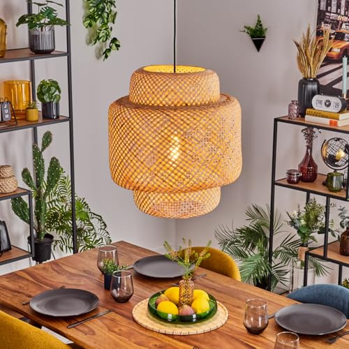HOFSTEIN Hängeleuchte Vireda, moderne Hängelampe aus Metall/Bambus in Weiß/Natur, Boho-Design, Schirm in Gitter-Optik, Ø 45 cm, verstellbare Höhe max. 146 cm, E27, Wohnzimmer, Esszimmer, Küche, Flur