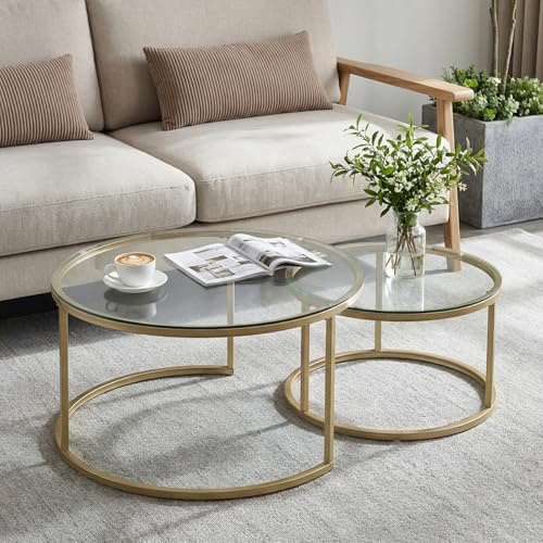 buybyroom Round Nest of Tables Set of 2, Round Coffee Table for Living Room, Gold Coffee Table, Suitable for Living Room, Bedroom and Balcony, Tempered Glass Tabletop, Golden Frosted Iron Frame, Gold