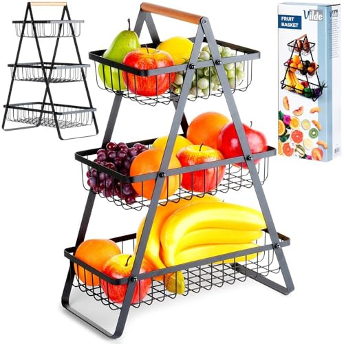 Vilde Obst Etagere 3-Stöckig aus Mattschwarzem Metall mit Holzgriff Obst | und Gemüseaufbewahrung 34x17,5x46,5 cm Moderne Obstschale für Küche Industrial-Loft-Stil Obstkorb
