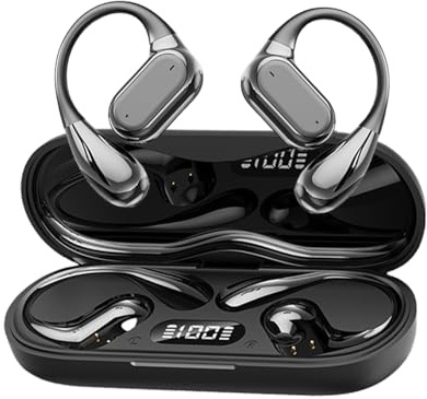 sixco Language Translation Earbuds Open Ear Wireless Bluetooth Headphones, Painless Air Line Earplugs with LED Digital Display, Charging Case, Sweatproof for Running, Black