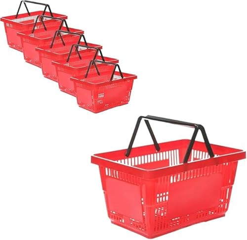 Retail Shop Supermarkets Plastic Shopping Basket With Wheels And Telescopic Handle, Plastic Shopping Baskets, Stacking Baskets (5 X Red Basket 22L)