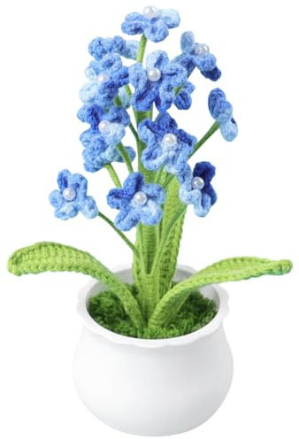 Magicherry Fiori fatti a mano all'uncinetto finiti a maglia non ti scordar di me artificiali, 22 cm, non ti scordar di me, piccoli fiori in vaso per auto, cruscotto, casa, ufficio, tavolo, decorazione