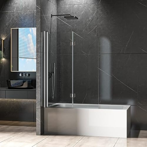 WDWRITTI 100x120cm Duschabtrennung für Badewanne 2-teilig Glas Duschwand, Faltbar Duschtrennwand Badewannenaufsatz Duschwand aus 6mm ESG Sicherheitsglas, 100cm Faltbar Badewannenfaltwand
