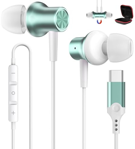 Ecouteur USB C HiFi Stéréo Magnétique avec Micro pour Honor 600/Magic8 Lite | Intra Auriculaire Écouteur Type C Casque pour Redmi Note 15/POCO X8 X7 Pro pour iPhone 17 16 15 Pro pour Pixel 10a 9a 11 cyan