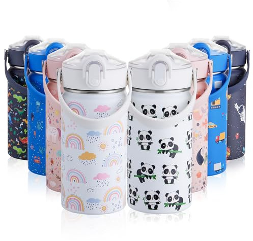 Kids Insulated Water Bottle with Straw 420ml, Childrens Water Bottle Stainless Steel with Handle, Metal Drinks Bottle for Girls/Boys, BPA Free, Keep Drinks Hot/Cold