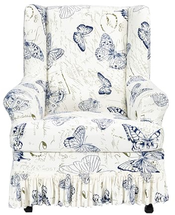 CRFATOP 2 Piece Stretch Wingback Chair Cover with Skirt Printed Wing Chair Slipcovers Spandex Fabric Wingback Armchair Covers with Cushion Slipcover for Living Room Bedroom Wingback Chair,C06